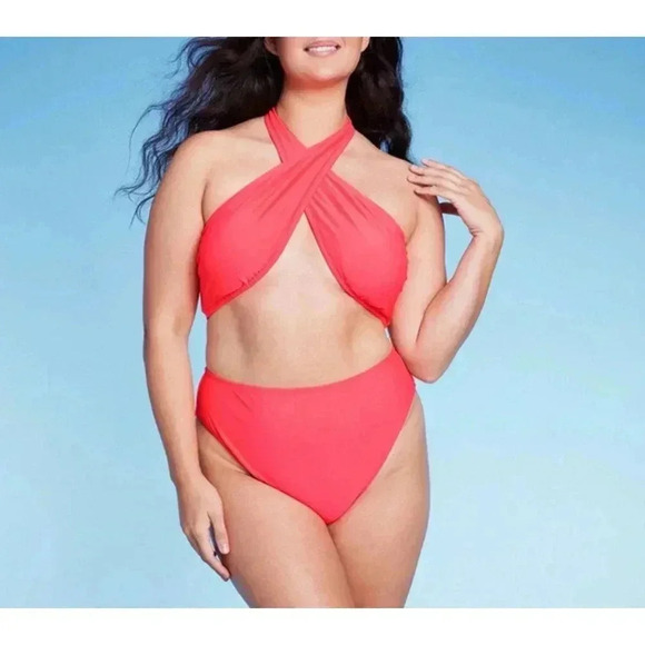 Wild Fable Cross Front Halter One Piece Swimsuit Coral NWT Size XL - Picture 1 of 8